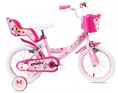 Bicicleta pentru copii Denver Minnie Cutest 14 inch, frana de mana pe ambele roti, clopotel, roti ajutatoare detasabile, suport pentru papusi, cosulet transport pe ghidon