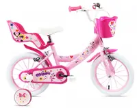 Bicicleta pentru copii Denver Minnie Cutest 14 inch, frana de mana pe ambele roti, clopotel, roti ajutatoare detasabile, suport pentru papusi, cosulet transport pe ghidon