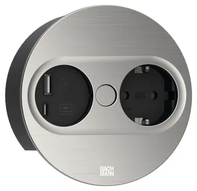 Contact pentru încorporare Bachmann - TWIST 2, 1x Schuko, USB A+C, 2 m, rotund, inox