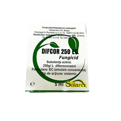 Difcor 250EC 5 ml, fungicid sistemic, Globalchem/Solarex (Mar, Par, Telina, Gutui, Piersic, Cais, Prun, Morcov, Pastarnac, Nap, Sfecla de zahar, Sfecla, Sfecla furajera, Sparanghel, Broccoli, Varza, Tomate, Rapita, Trandafir, Plante ornamentale) - Defaul