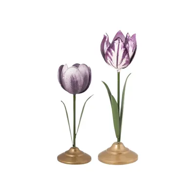 Set 2 suporturi pentru lumânări, din metal, Pip Studio, lalele 21 și 26 cm, Lilac, colecția Others