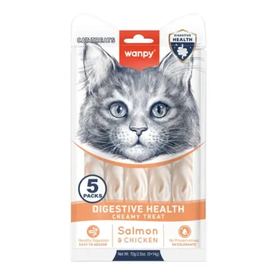 WANPY Creamy Digestive Health, Somon și Pui, punguță recompense funcționale pisici, sistem digestiv, (piure), 70g