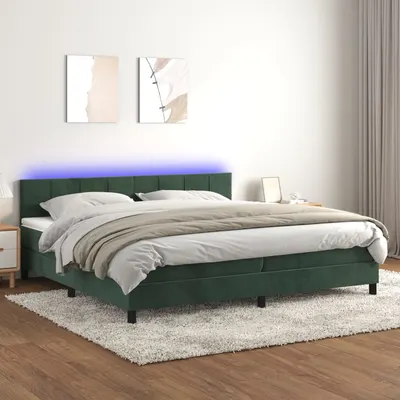 Gossi pat cu arcuri, saltea si led, verde inchis, 200x200 cm, catifea