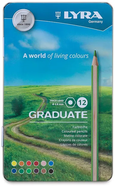 Creioane colorate LYRA Graduate hexagonal, 12 culori intense, cutie metalica