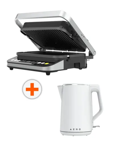 Grătar AENO - EG5, 2000W, antiaderent, cu nervuri, gri + Fierbător electric AENO - EK2, 2200W, 1 l, alb