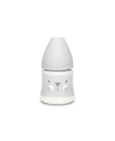 Biberon cu tetina rotunda din silicon debit lent pisica gri Hygge Suavinex 150 ml