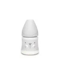 Biberon cu tetina rotunda din silicon debit lent pisica gri Hygge Suavinex 150 ml