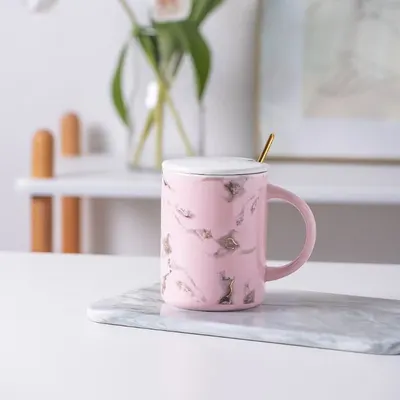 Pahar cu capac Morello - Marble, cu linguriță, 280 ml, Pink