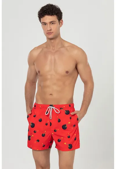 Pantaloni scurti de baie cu buzunare si model - Negru/Galben/Rosu vermillion