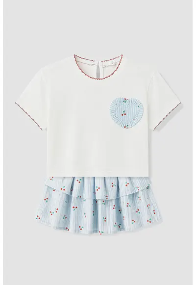 Set de tricou si fusta cu imprimeu fructe - 2 piese - Albastru pastel/Alb fildes