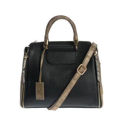 Geanta neagra versatila cu design bicolor si accente aurii