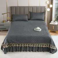 Cuvertura pat dublu, 3 piese, Catifea Matlasata cu Broderie, Negru