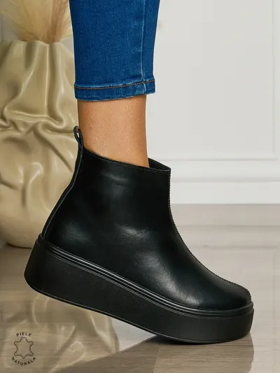 Ghete casual din piele naturală cu talpa solida cu fermoar CRL1511 NEGRU