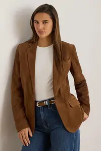 Lauren Ralph Lauren sacou cu un singur rând de nasturi pentru femei din piele întoarsă