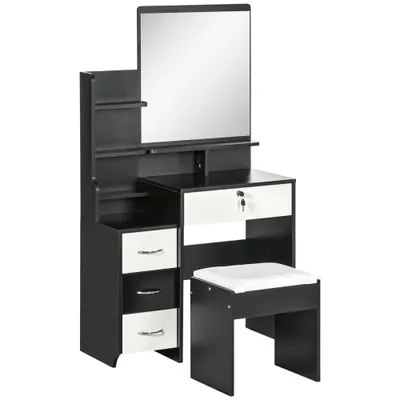 HOMCOM Set de coafare masă de machiaj cu taburet căptușit oglindă mare + mai multe rafturi deschise + 4 sertare alb negru | Aosom Romania