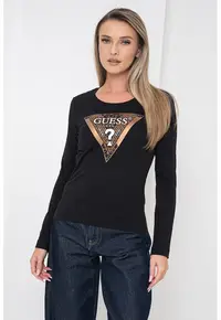 Bluza cambrata cu decolteu rotund si logo - Negru/Bronz
