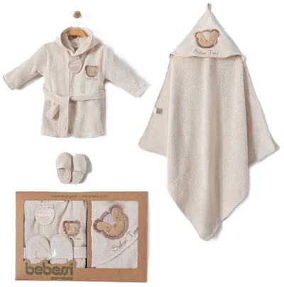 Set de baie din bumbac pentru copii Bebessi – Lion, prosop și halat, 80 cm