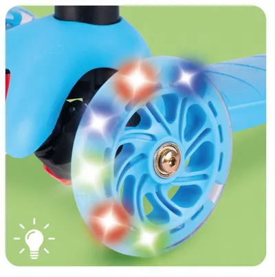 Trotineta pentru copii Malplay Blue, 3 roti cu LED din PU, reglabila, cu platforma antiderapanta si frana de picior