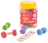 Set Bigjigs din lemn - Borcan cu piulițe și șuruburi, 20 de piese