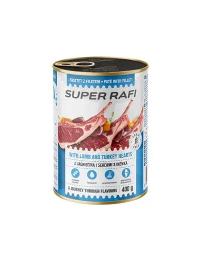 SUPER RAFI Pate cu miel și inimi de curcan 400 g pentru câini adulți