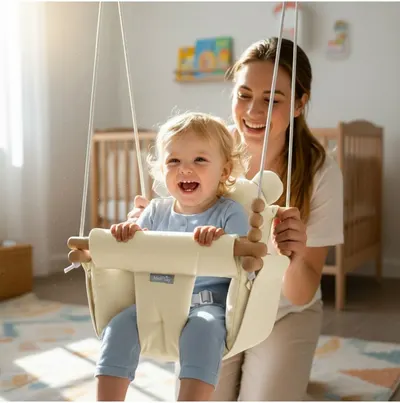Leagan suspendat pentru bebelusi Malplay Malo Beige, cu pernute confortabile si centuri de siguranta, din panza bumbac, design versatil, varsta 12-36 luni, maxim 60 kg