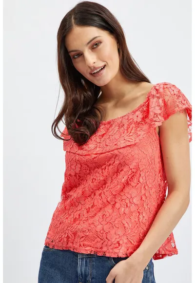Bluza din dantela cu decolteu barcuta - Coral