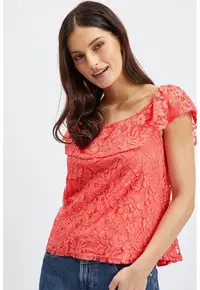 Bluza din dantela cu decolteu barcuta - Coral