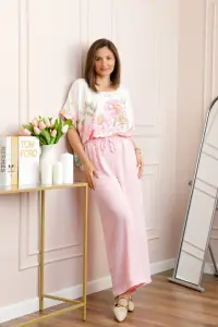 Compleu dama Deborah cu bluza vaporoasa si pantaloni largi - Roz pastel
