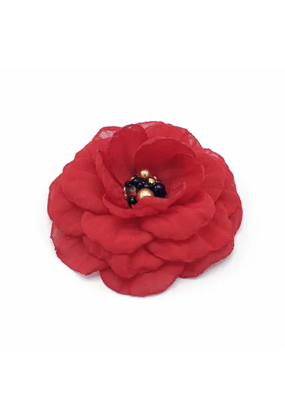 Brosa eleganta floare - Allison - voal rosu - 8.5 cm - mijloc cu perle si cristale