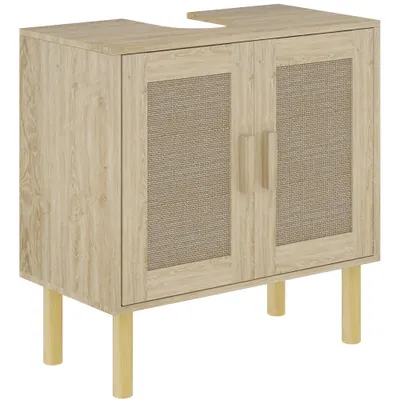 HOMCOM Mobila baie sub chiuveta mobilier sub chiuveta usi din rachita picioare din lemn de pin 2 nivele 60 x 30 x 60 cm stejar | Aosom Romania