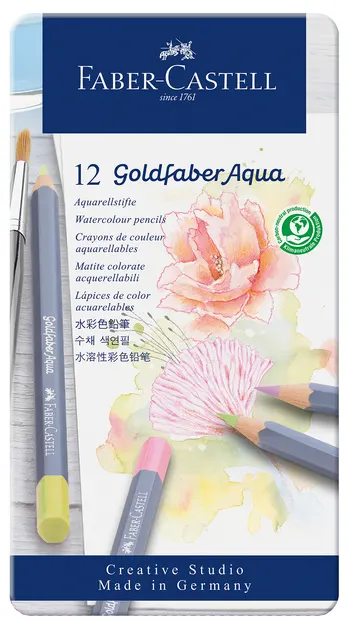 Creioane pastel Faber-Castell Goldfaber Aqua - 12 culori, în cutie metalică