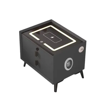 Noptiera inteligenta cu incarcare wireless, iluminare LED, difuzor Bluetooth, port USB si Type-C – culoare gri antracit, 2 sertare, design modern din sticla si lemn