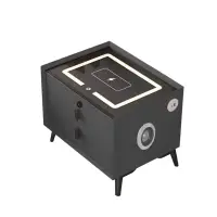 Noptiera inteligenta cu incarcare wireless, iluminare LED, difuzor Bluetooth, port USB si Type-C – culoare gri antracit, 2 sertare, design modern din sticla si lemn