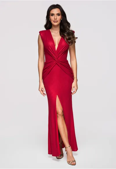 Rochie maxi de seara cu decolteu in V - fara maneci - croi tip coloana LA-OM-DLR373 - Rosu