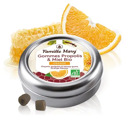 Bomboane bio de supt cu miere, propolis și portocală, 45 g, Famille Mary