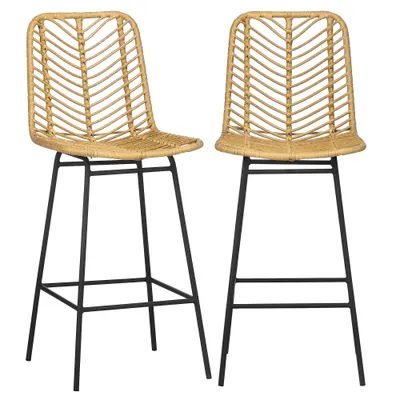 HOMCOM Lot de 2 taburete de bar design boem Înălțime 66 cm cu suport pentru picioare din metal și răchită PE, natural | Aosom Romania