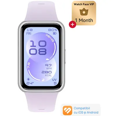 Bratara fitness HUAWEI Band 11, Android iOS, Silver Durable Polymer Case with Purple Fluoroelastomer Strap + 1 Month Watch Face VIP