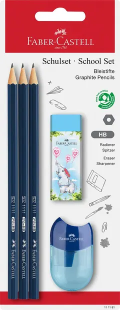 Set creioane Faber-Castell - 3 bucăți, cu ascuțitoare și gumă, sortiment