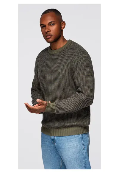 Pulover din tricot contrastant cu decolteu rotund OM-SWSW-0122 - Verde inchis