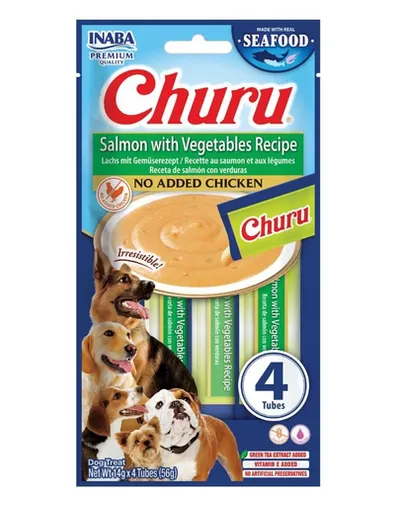 INABA Dog Churu Fish Based Salmon with Vegetables Recipe 4x14g recompensă cremoasă cu somon și legume pentru câini