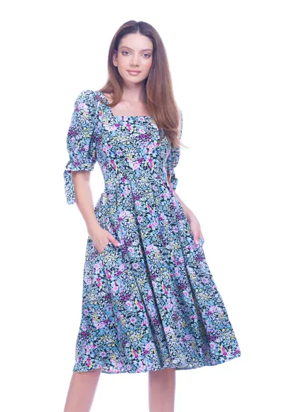 Rochie cu model floral si buzunare laterale - Galben/Roz/Albastru