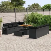 Set de canapea pentru gradina cu 11 piese si perne negru poliratan acacia, set de mese pentru gradina cu 3 piese si perne negru poliratan acacia