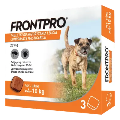 Comprimate masticabile antiparazitare caini, Frontpro M, 28 mg, >4-10 kg, 3 buc/ cutie