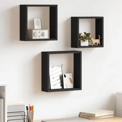 vidaXL Rafturi cub de perete, 3 buc., negru, MDF