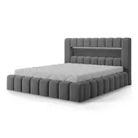Pat matrimonial gri tapițat cu spațiu de depozitare cu somieră 140x200 cm Lamica – ELTAP