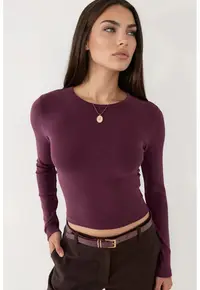Bluza dama maneca lunga - guler rotund - mov - bumbac-elastan