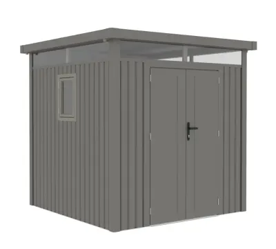 Casuta / magazie de gradina premium metalica, KLUGMEISTER Anna-B Gri Aluminiu, dimensiuni 230x230x222 cm, cu fereastra si baza metalica
