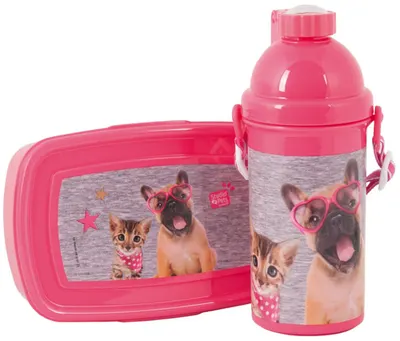 Set sticlă de apa și cutie pentru mâncare Paso Studio Pets - Catel cu ochelari in forma de inimioara