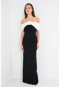 Rochie cu decolteu pe un umar si aplicatie florala - Alb/Negru