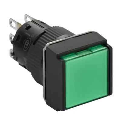 Buton iluminat verde patrat incastr Ø16 revenire cu arc-24 VDC polariz-1CO